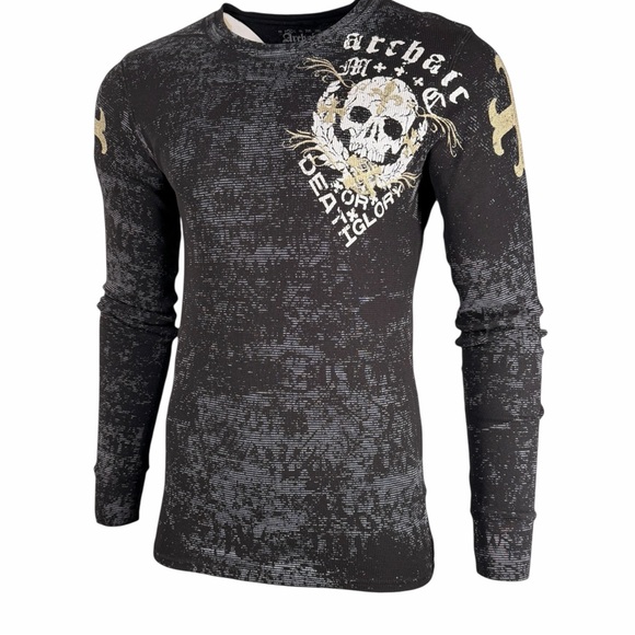 Archaic By Affliction Men's Thermal Shirt Men's Black Graphic Long Sleeve Shirt - Picture 7 of 11